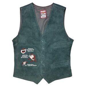 Vtg Warner Bros Looney Tunes Taz Tasmanian Devil Suede Vest Men Green Moto Biker